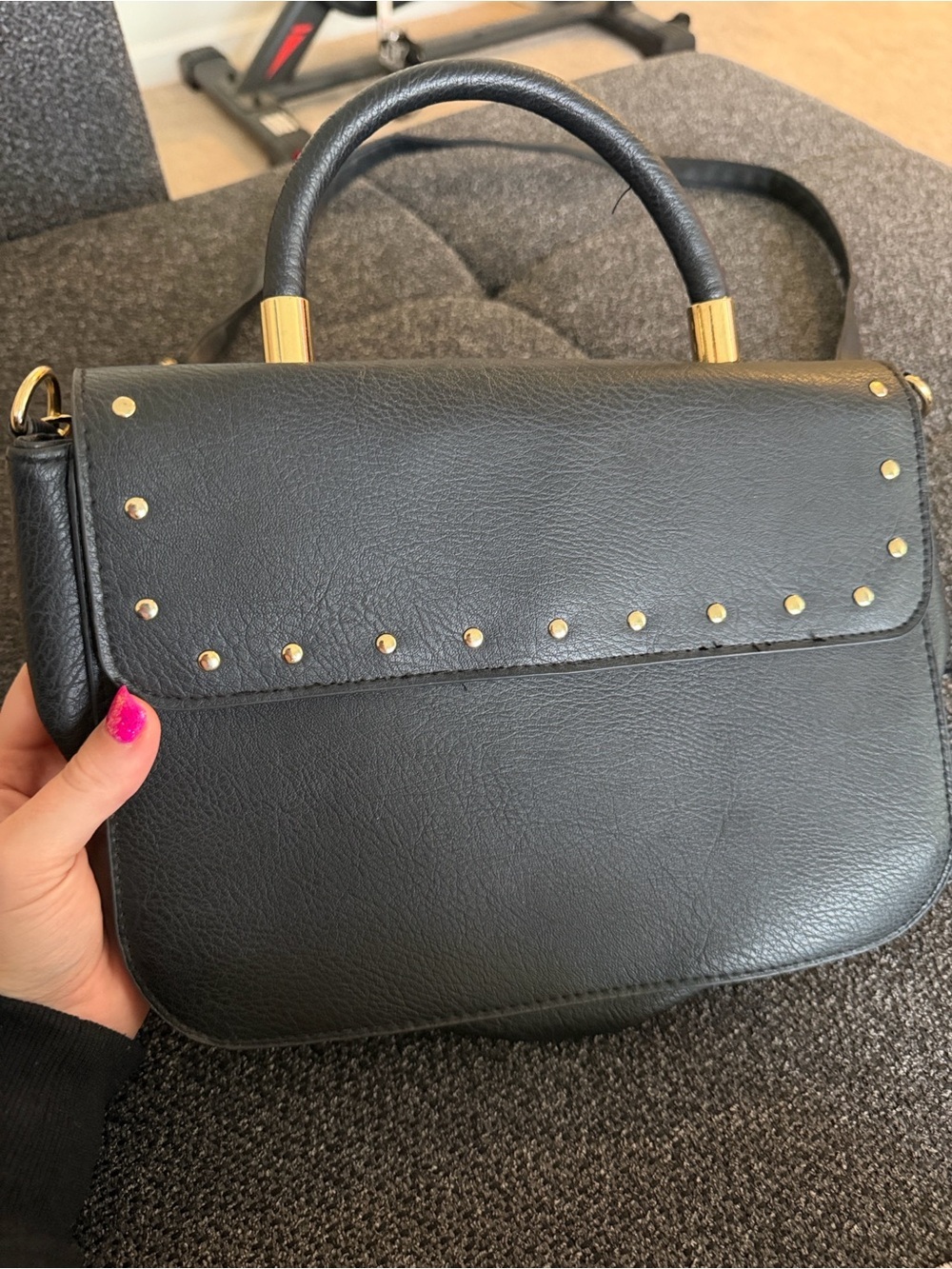 Black/Gray Stud-Accent Top Handle Shoulder Bag - Picture 3 of 8